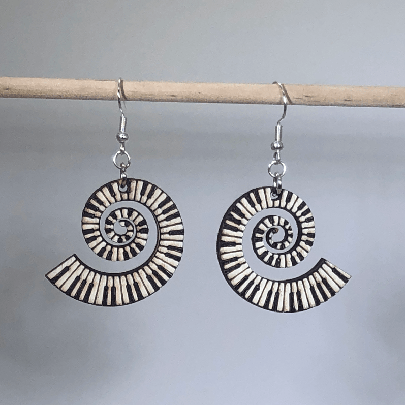 Piano Swirling Keyboard Wooden Dangle Earrings - - Cate&