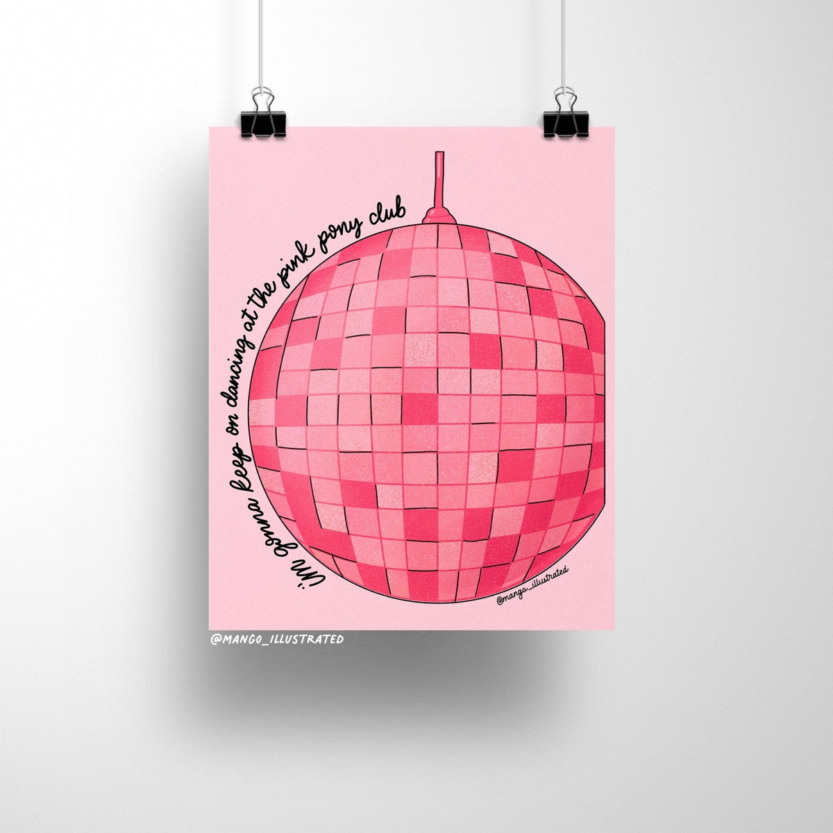 Pink Pony Club art print detail — close up of the hand lettered script and disco ball illustration, by indie artist MangoIllustrated