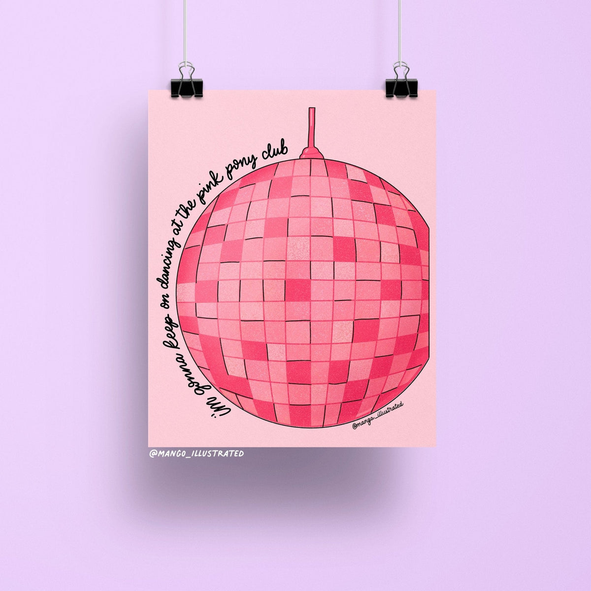 Pink Pony Club art print flat lay — pink disco ball wall art on matte art paper, by indie artist MangoIllustrated