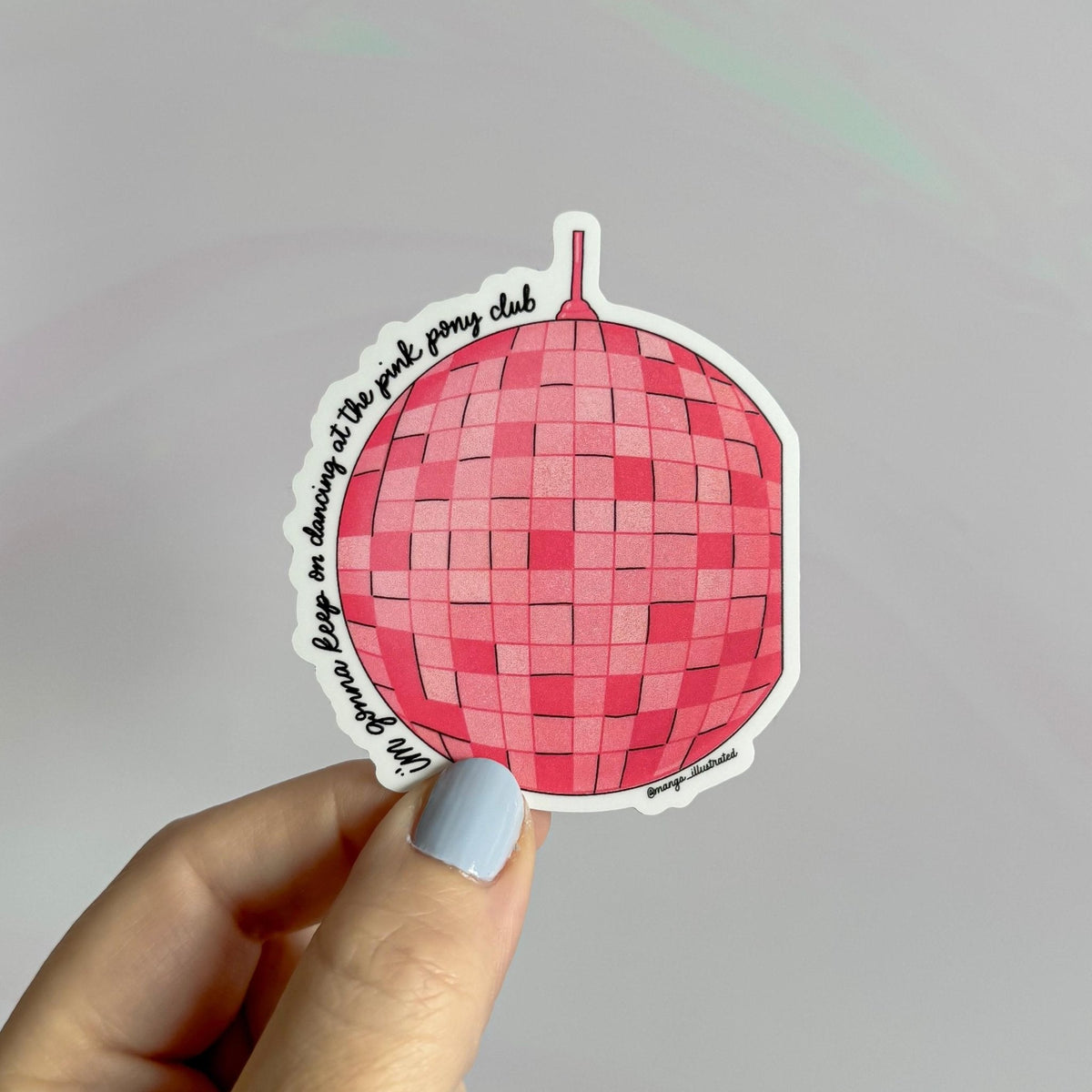 Pink pony disco ball sticker detail — close up of the pink disco ball illustration by indie artist MangoIllustrated