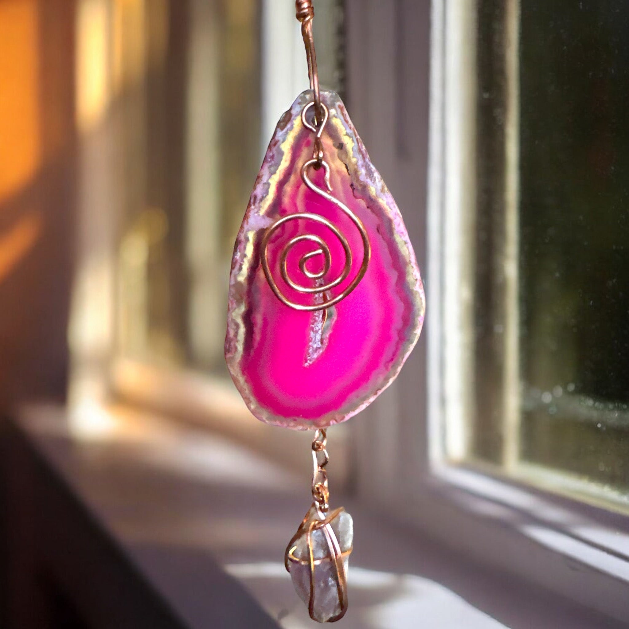 Crystals “Suncatcher”, Copper wrapped Crystals &amp; Agate Hangings