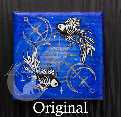 Pisces Skeleton Betta Fish Print with Celestial Moon Accents