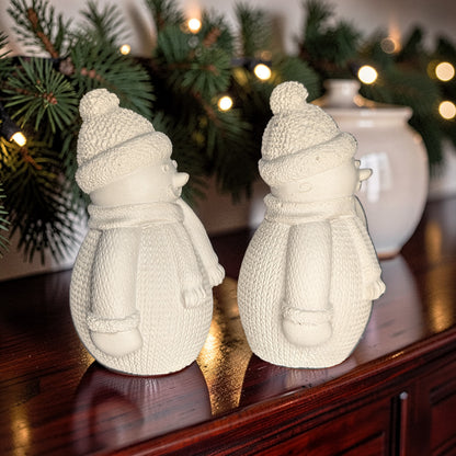 Concrete Snowman Figurine, Knit Sweater Winter Decor, DIY Paint Blank, Tiered Tray Christmas Snowmen Set
