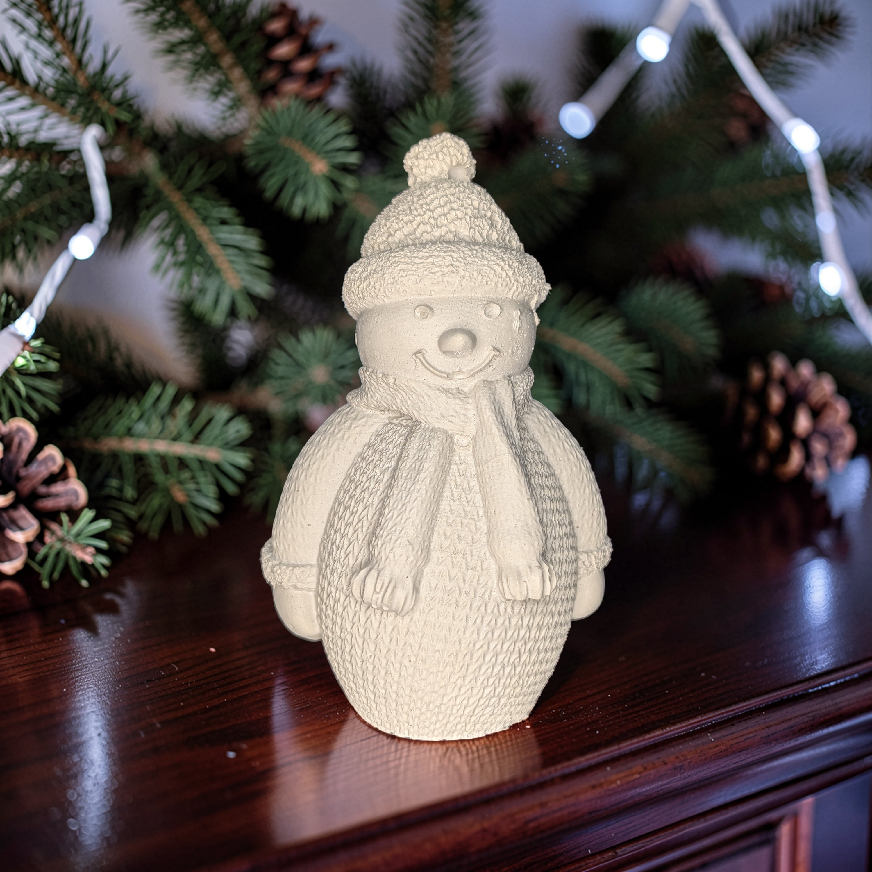 Concrete Snowman Figurine, Knit Sweater Winter Decor, DIY Paint Blank, Tiered Tray Christmas Snowmen Set