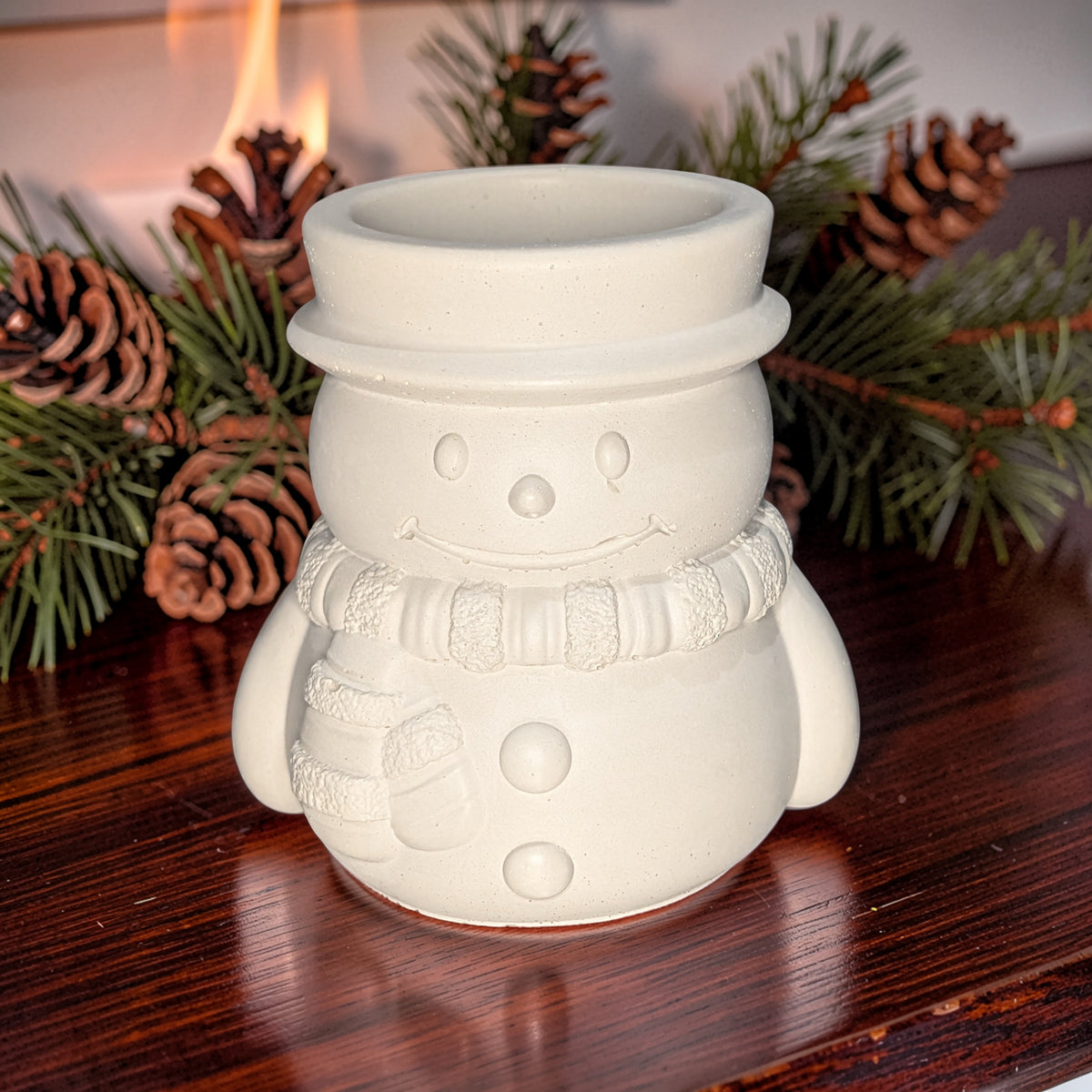 Concrete Snowman Candle Jar, 7oz Christmas Cement Candle Vessel, Winter Planter Pot, Holiday Desk Organizer, Cute Festive Catchall, Seasonal Decor