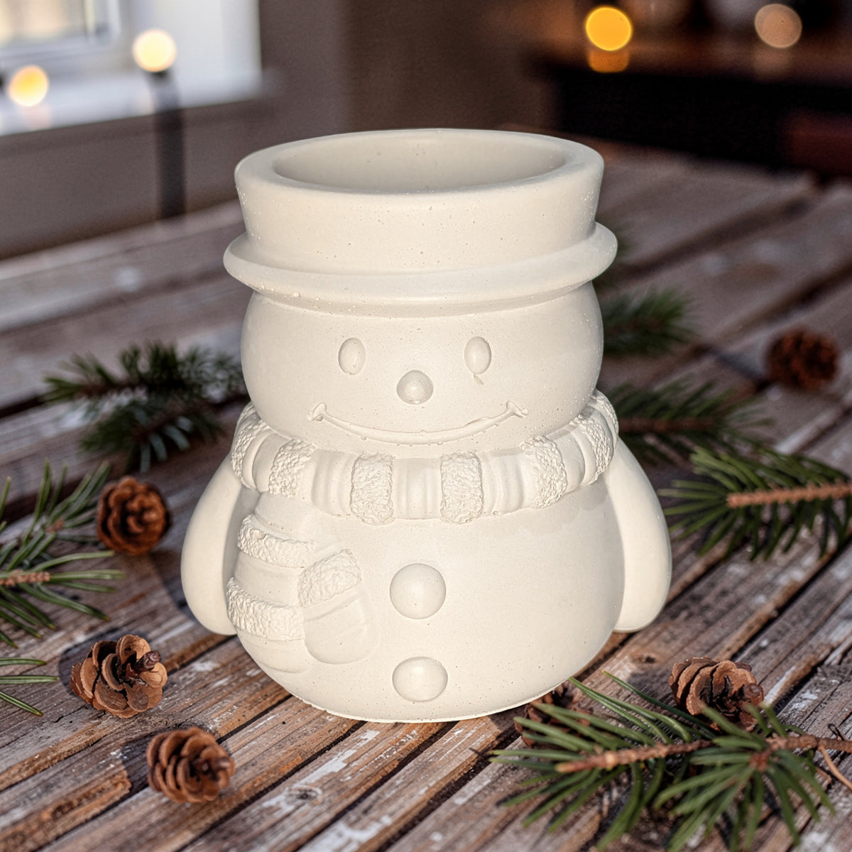 Concrete Snowman Candle Jar, 7oz Christmas Cement Candle Vessel, Winter Planter Pot, Holiday Desk Organizer, Cute Festive Catchall, Seasonal Decor