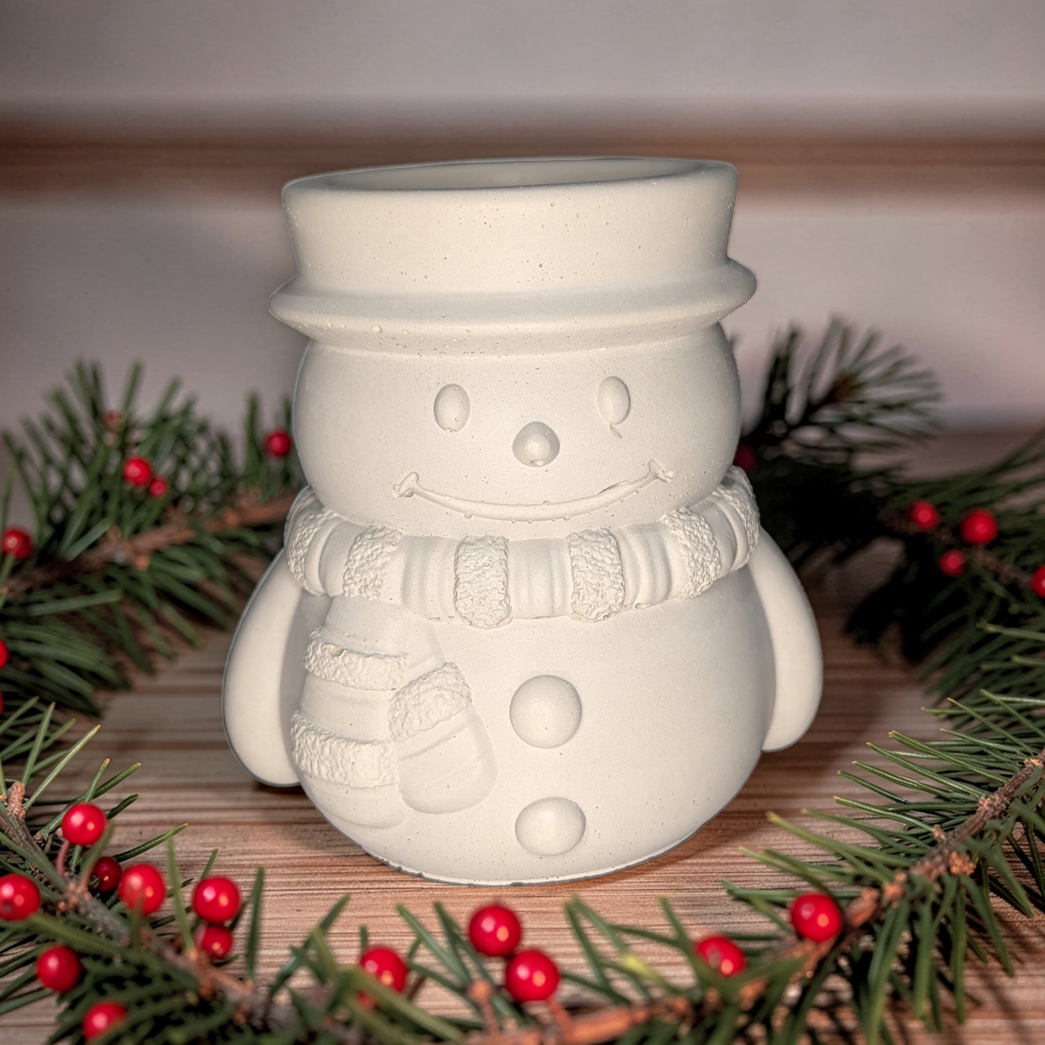 Concrete Snowman Candle Jar, 7oz Christmas Cement Candle Vessel, Winter Planter Pot, Holiday Desk Organizer, Cute Festive Catchall, Seasonal Decor