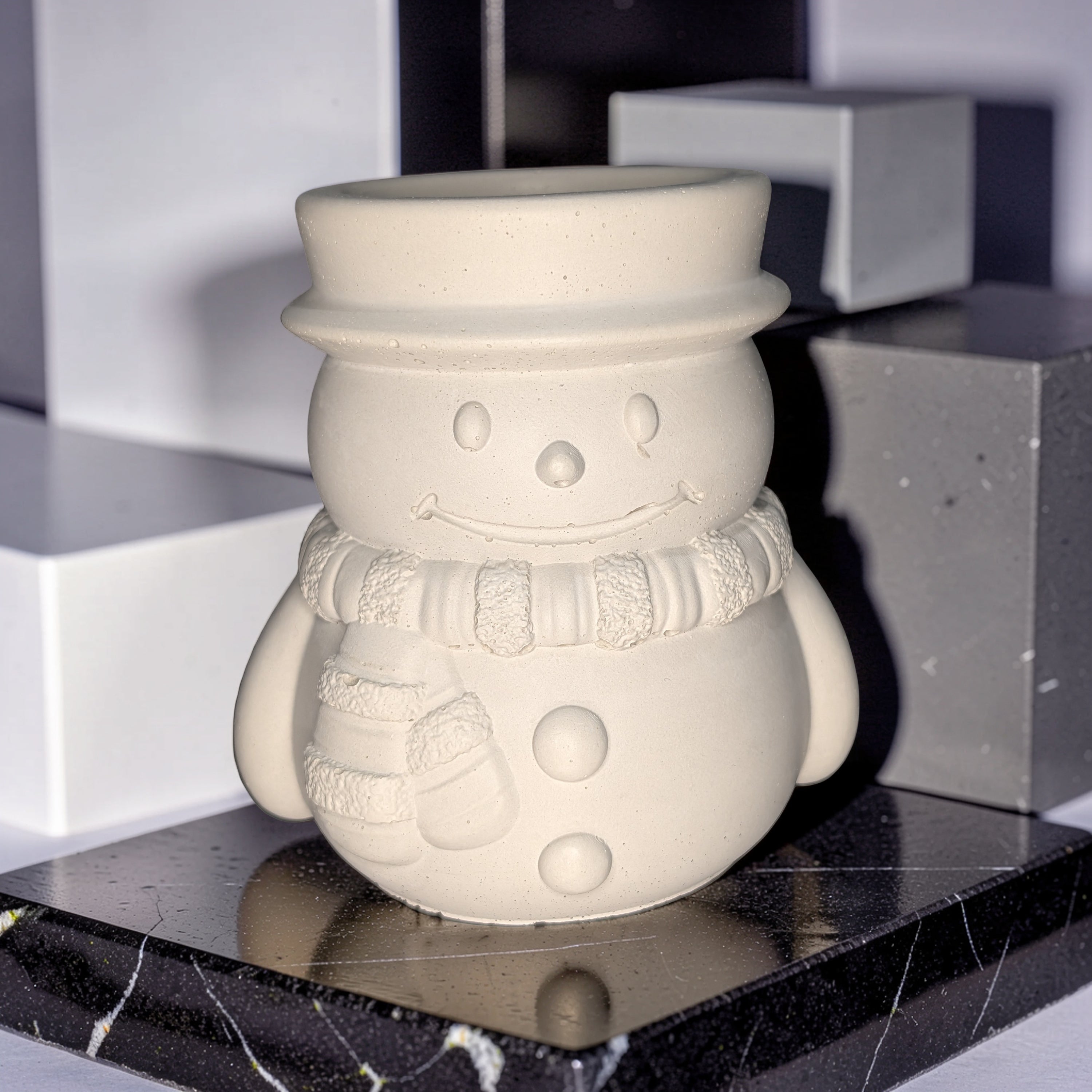 Concrete Snowman Candle Jar, 7oz Christmas Cement Candle Vessel, Winter Planter Pot, Holiday Desk Organizer, Cute Festive Catchall, Seasonal Decor