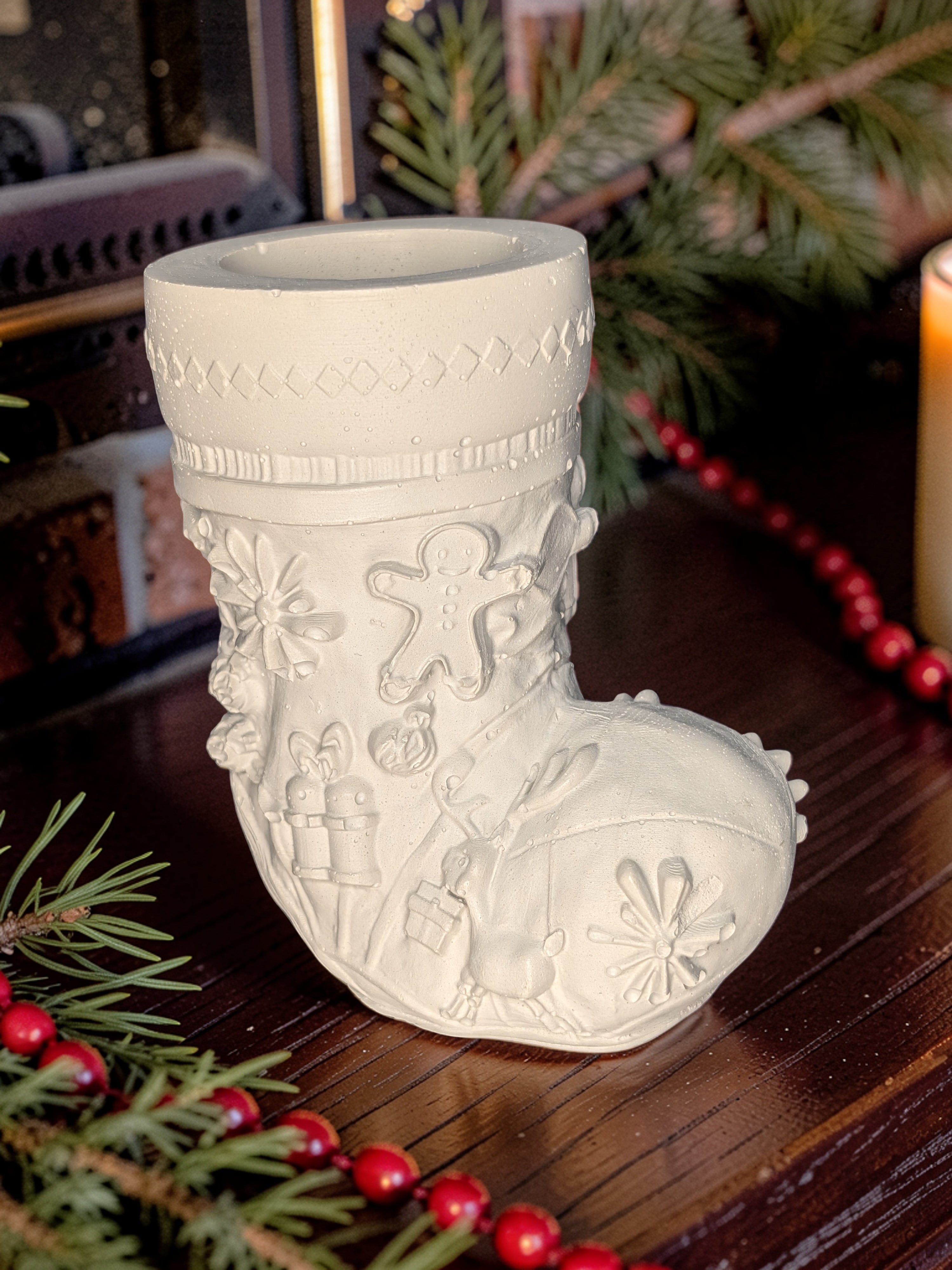 Concrete Christmas Stocking Jar, Paint Your Own Holiday Decor, Cement Candle Vessel, Christmas Planter, Santa Boot Desk Organizer, DIY Craft Gift