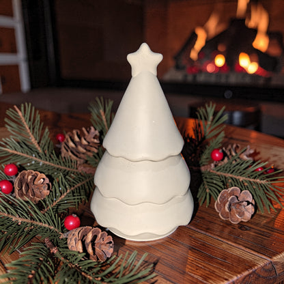 Handmade Concrete Christmas Tree Jar with Star Lid | 3oz Holiday Candle Vessel, Festive Trinket Dish &amp; Modern Winter Decor