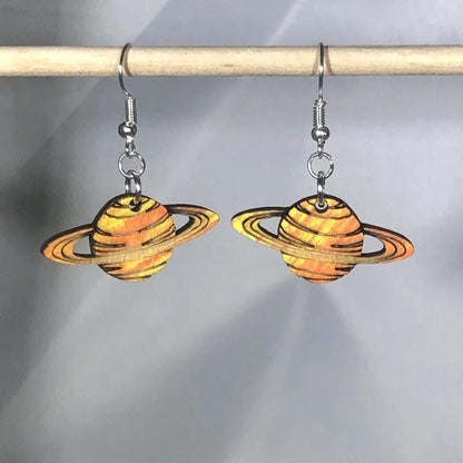 Planet Saturn Wooden Dangle Earrings - - Cate&