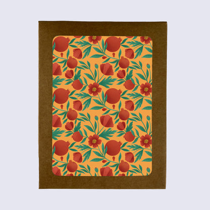 greeting card with pomegranates and poppies on an orange background
