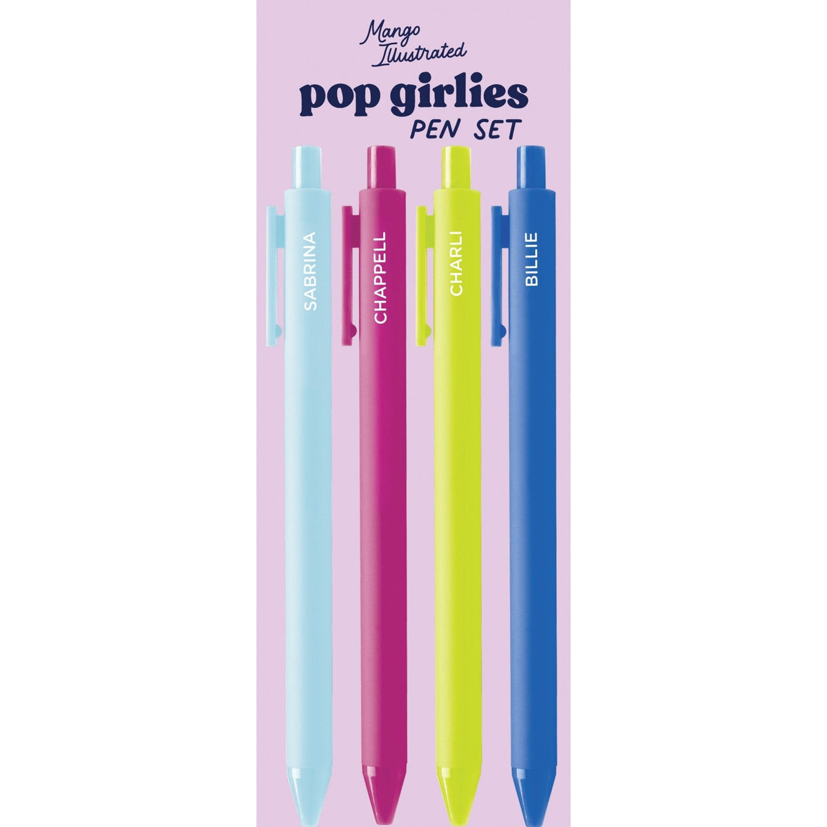 Pop Girlies pen set flat lay — Sabrina, Chappell, Charli and Billie jotter pens in bright barrel colors by indie artist MangoIllustrated