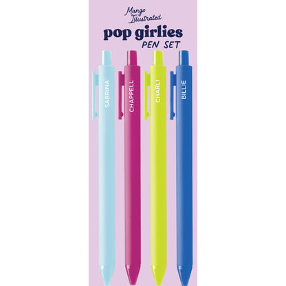 Set of four colorful pop culture pens labeled “SABRINA” in light blue, “CHAPPELL” in hot pink, “CHARLI” in neon yellow, and “BILLIE” in electric blue.