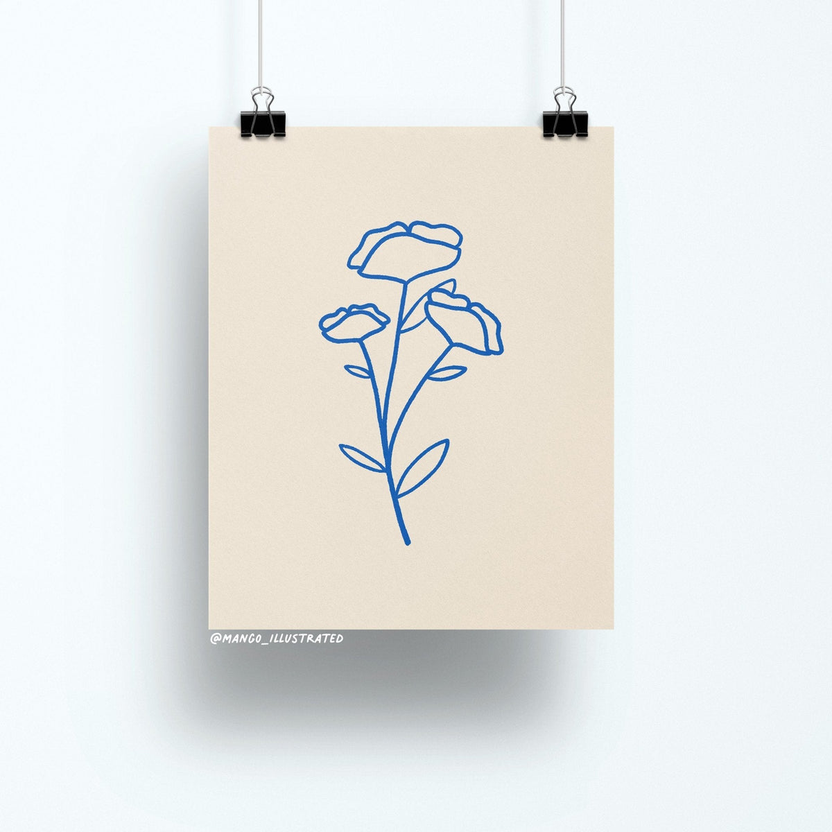 Poppies art print flat lay — modern blue floral line art for a minimalist gallery wall by indie artist MangoIllustrated