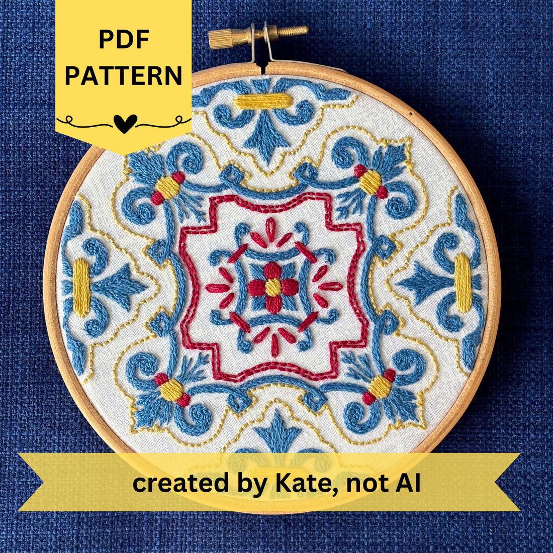 PDF Pattern created by Kate, not AI. Blue, red, and yellow embroidery based on traditional Portuguese tile. Fabric is white on white cotton. Embroidery is displayed as wall art in light wood embroidery hoop.
