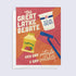 Greeting card with a colorful design featuring a cartoon of a latke, a container of apple sauce, a container of sour cream, a microphone, and a potato, with the title &
