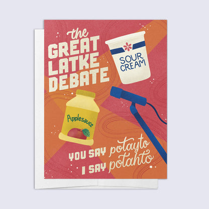 Greeting card with a colorful design featuring a cartoon of a latke, a container of apple sauce, a container of sour cream, a microphone, and a potato, with the title &