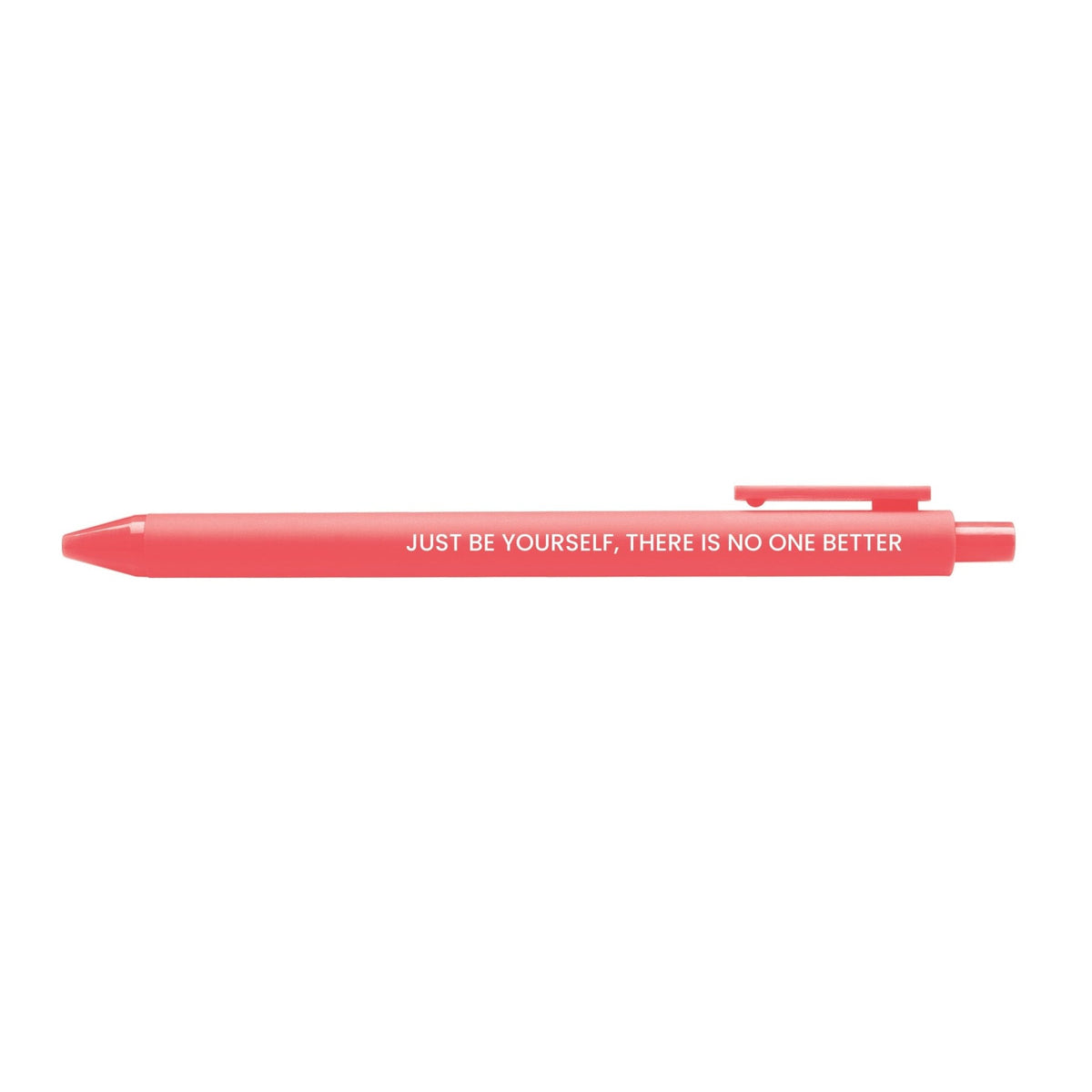 Just Be Yourself pen — neon coral barrel with white printed lettering, 0.5mm fine point, by MangoIllustrated