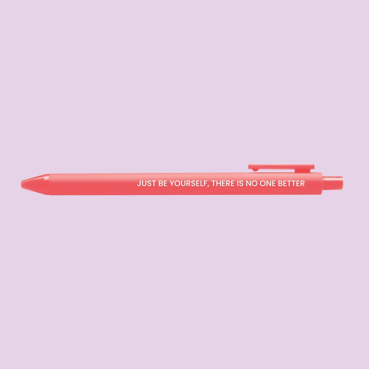 Just Be Yourself pen detail — white affirmation lettering on the neon coral barrel by indie artist MangoIllustrated