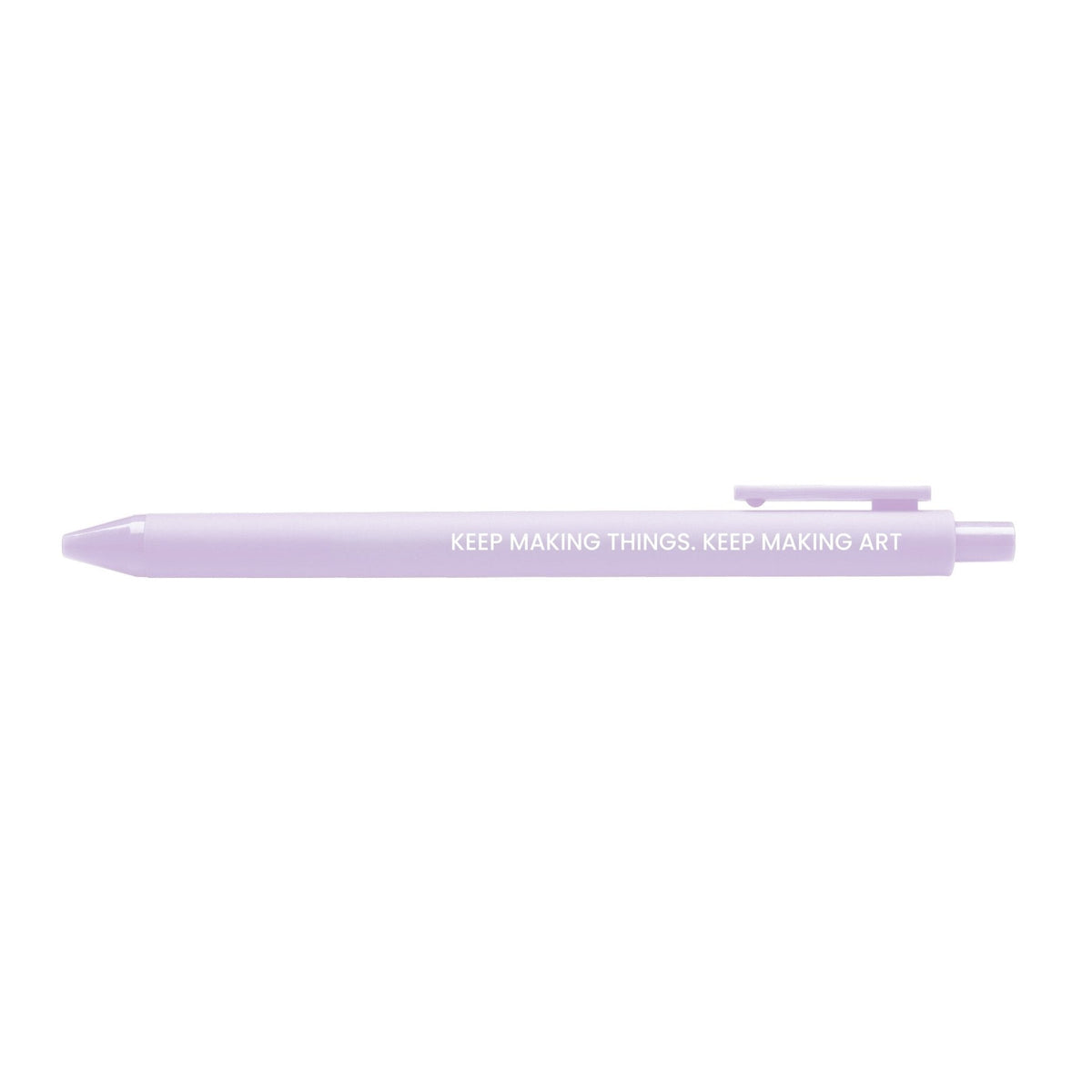 Keep Making Art pen — lilac barrel gel pen printed with Keep making things. Keep making art. in white lettering, 0.5mm fine point, by MangoIllustrated