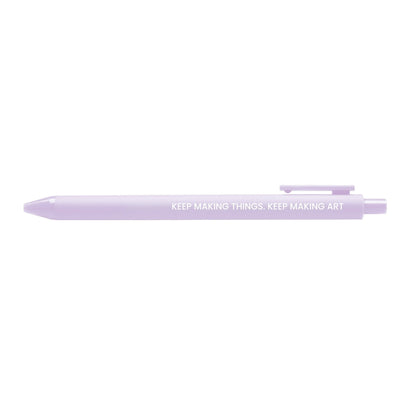Keep Making Art pen — lilac barrel gel pen printed with Keep making things. Keep making art. in white lettering, 0.5mm fine point, by MangoIllustrated