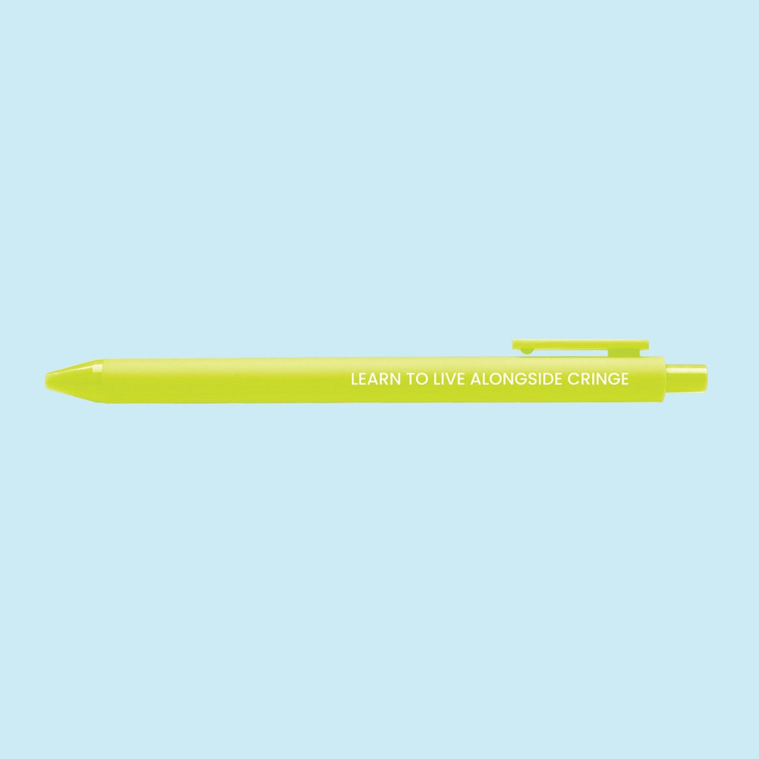 Learn To Live Alongside Cringe pen flat lay — citron jotter gel pen for journaling and desk gifts by indie artist MangoIllustrated