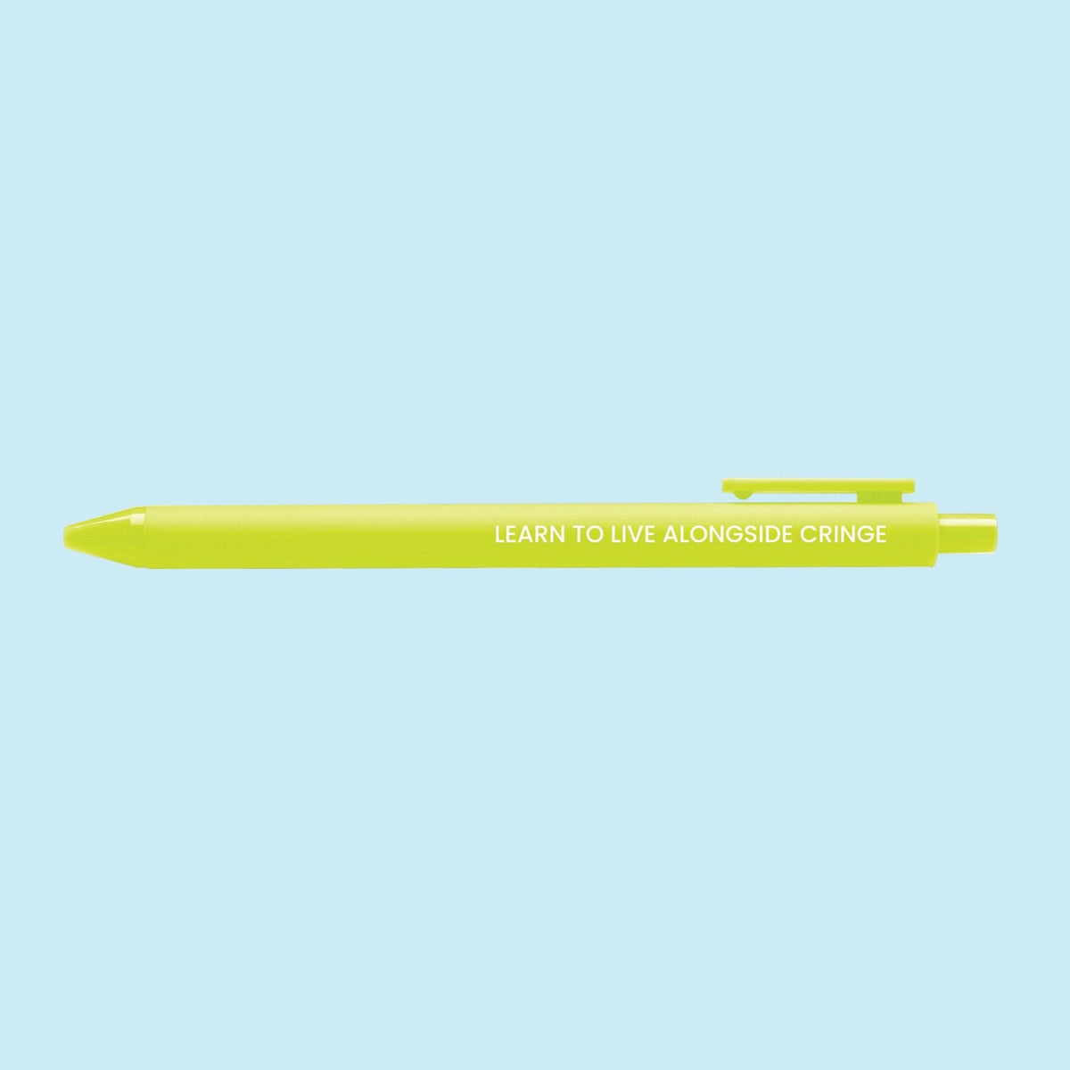 Learn To Live Alongside Cringe pen flat lay — citron jotter gel pen for journaling and desk gifts by indie artist MangoIllustrated