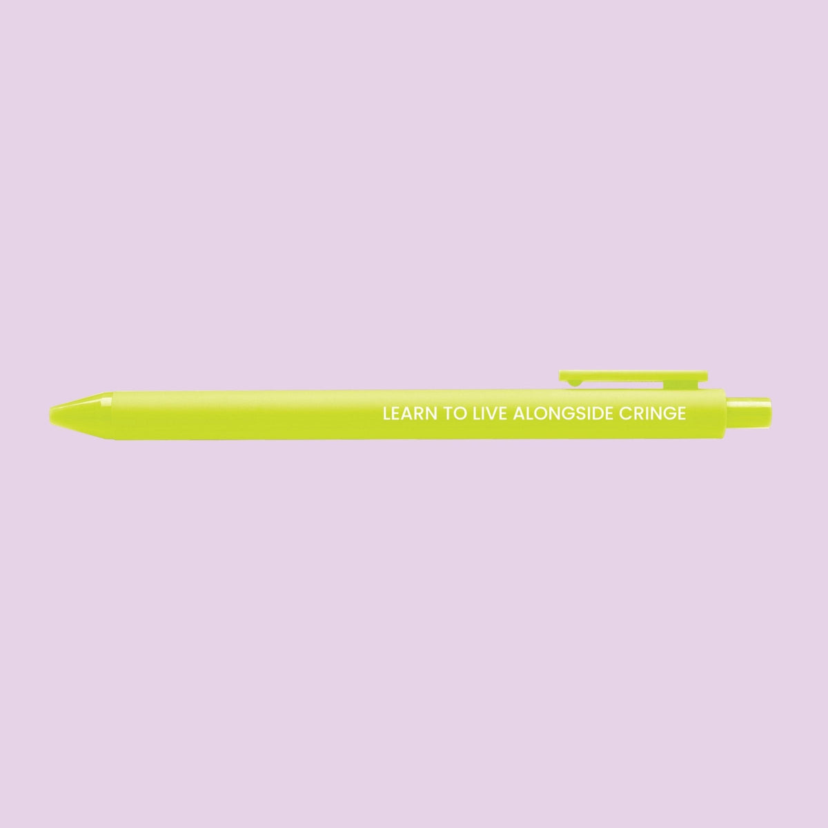 Learn To Live Alongside Cringe pen detail — white quote lettering on the citron barrel by indie artist MangoIllustrated