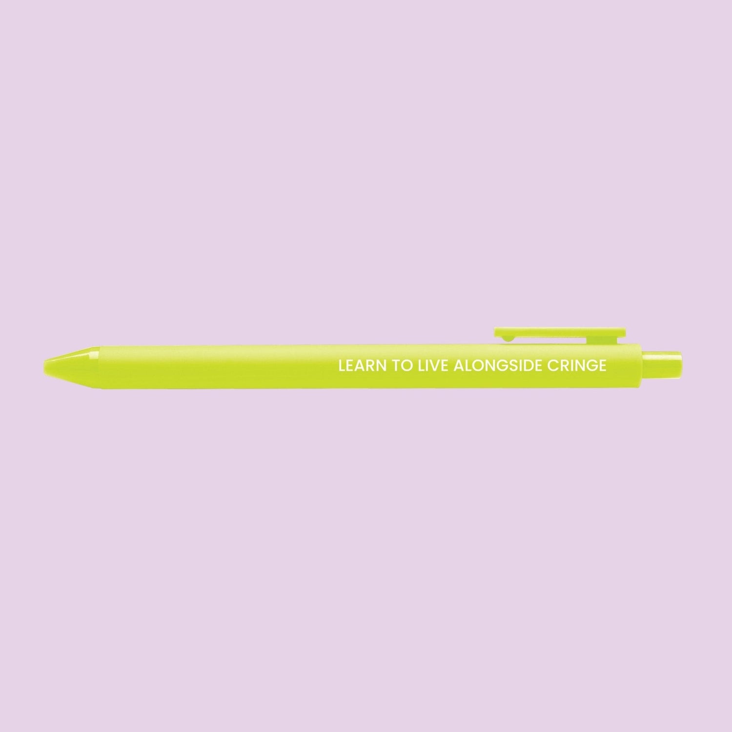 Citron pen with the inspirational quote “Learn to live alongside cringe” printed in white, inspired by Taylor&