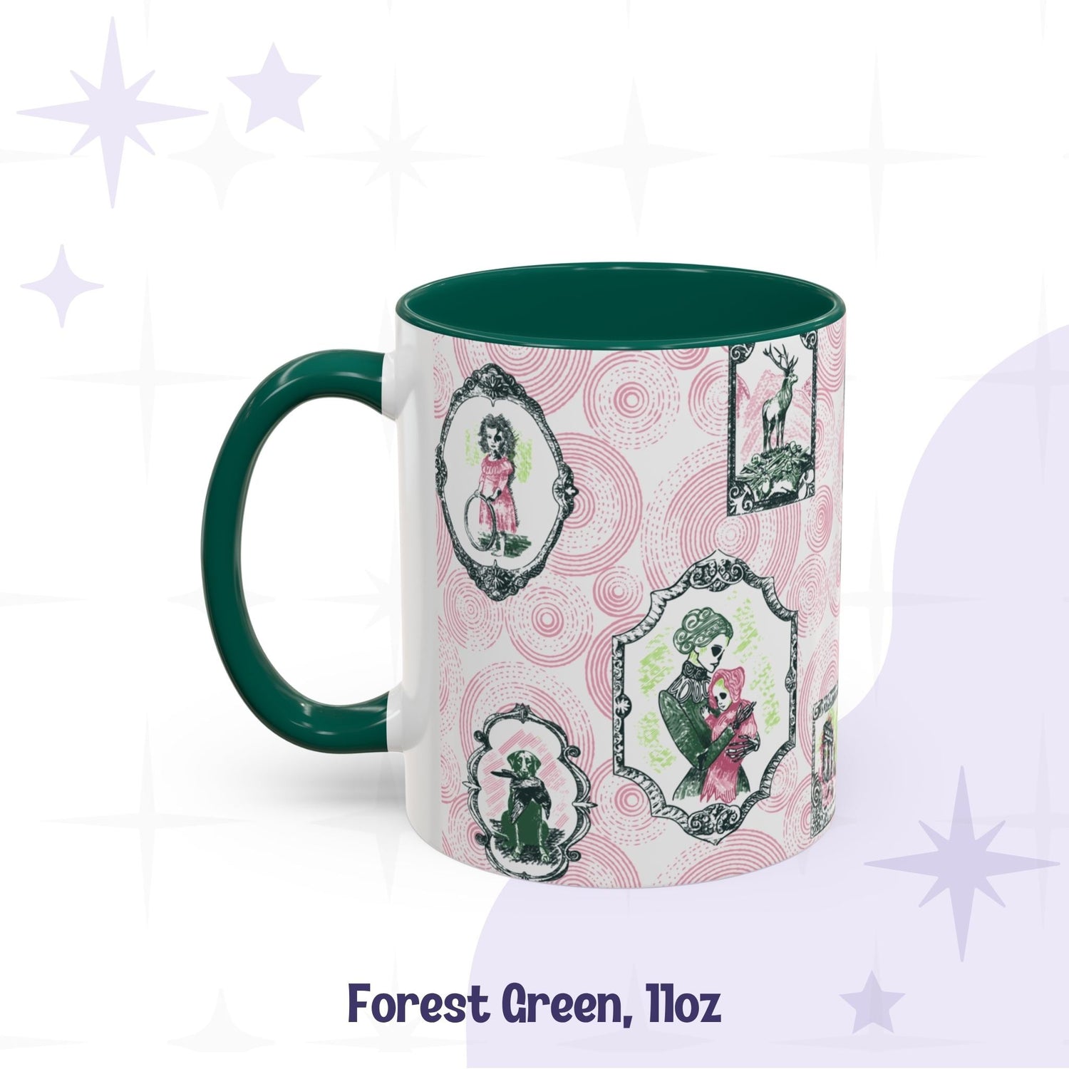 Forest green 11oz portrait mug, pink and green Victorian zombie gallery with a Gibson-girl cameo and a ribcage gentleman