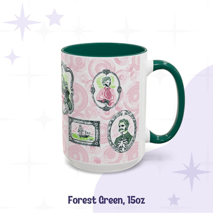 Forest green 15oz preppy portrait mug, pink and green gallery of skull-faced Victorian ancestors on a rose spiral ground