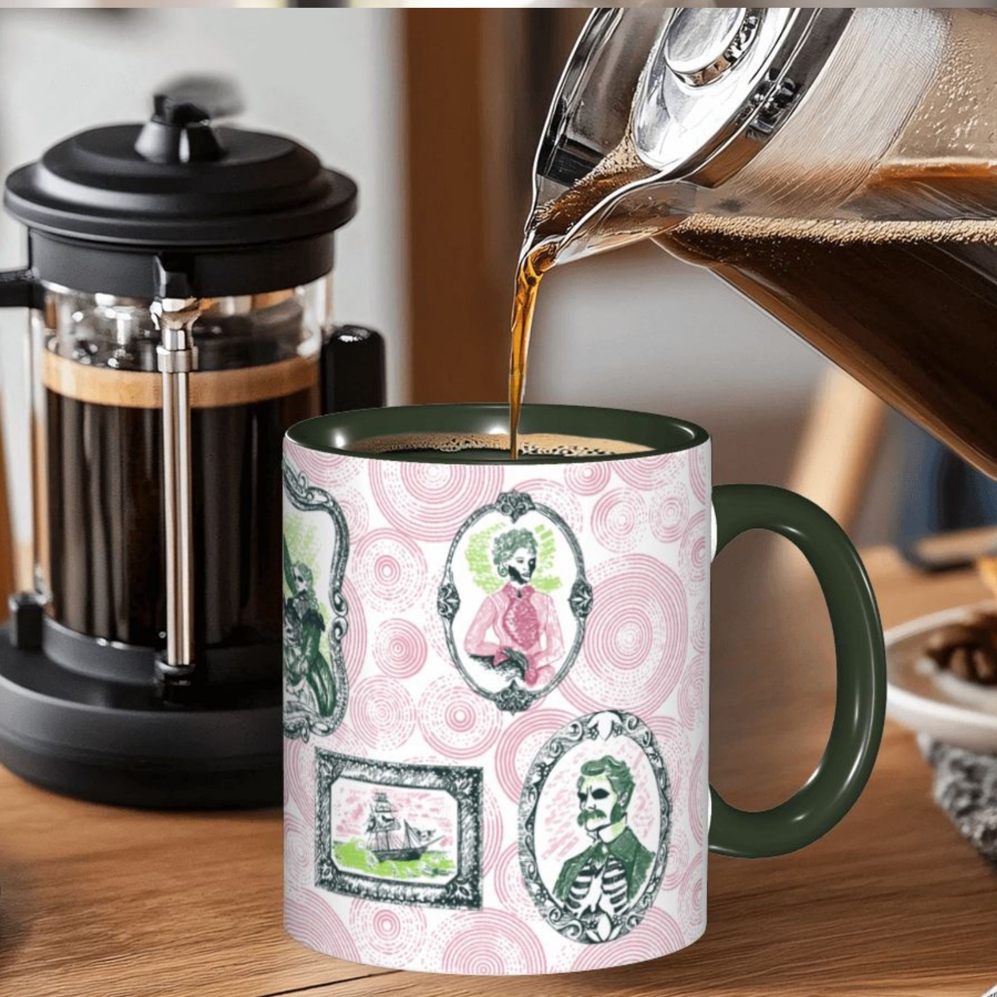 Coffee pouring into a forest green preppy portrait mug beside a French press, pink and green Victorian zombie gallery