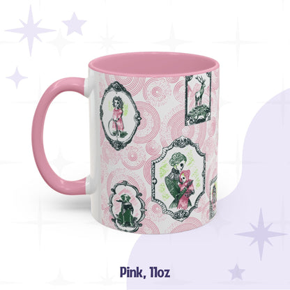 Pink 11oz preppy portrait mug showing the hoop girl, a stag on bones, and a mother cradling a hooded child, all skull-faced