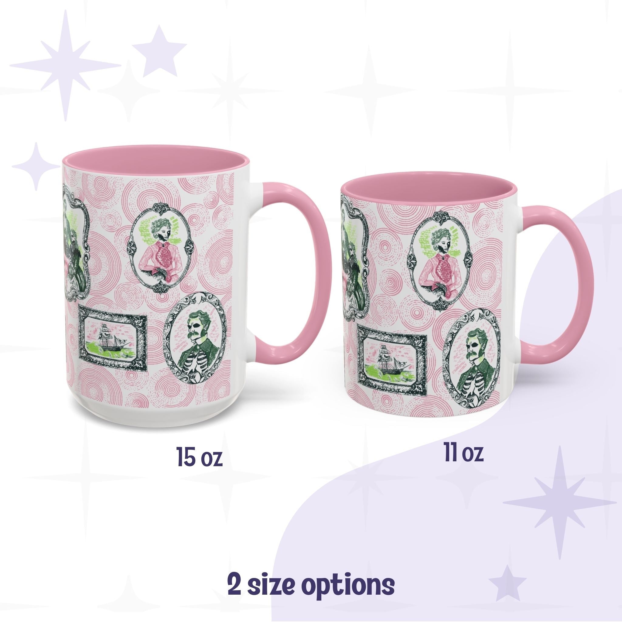 Two pink-handled preppy portrait mugs in 15oz and 11oz, pink and green skeleton gallery design wrapping the ceramic