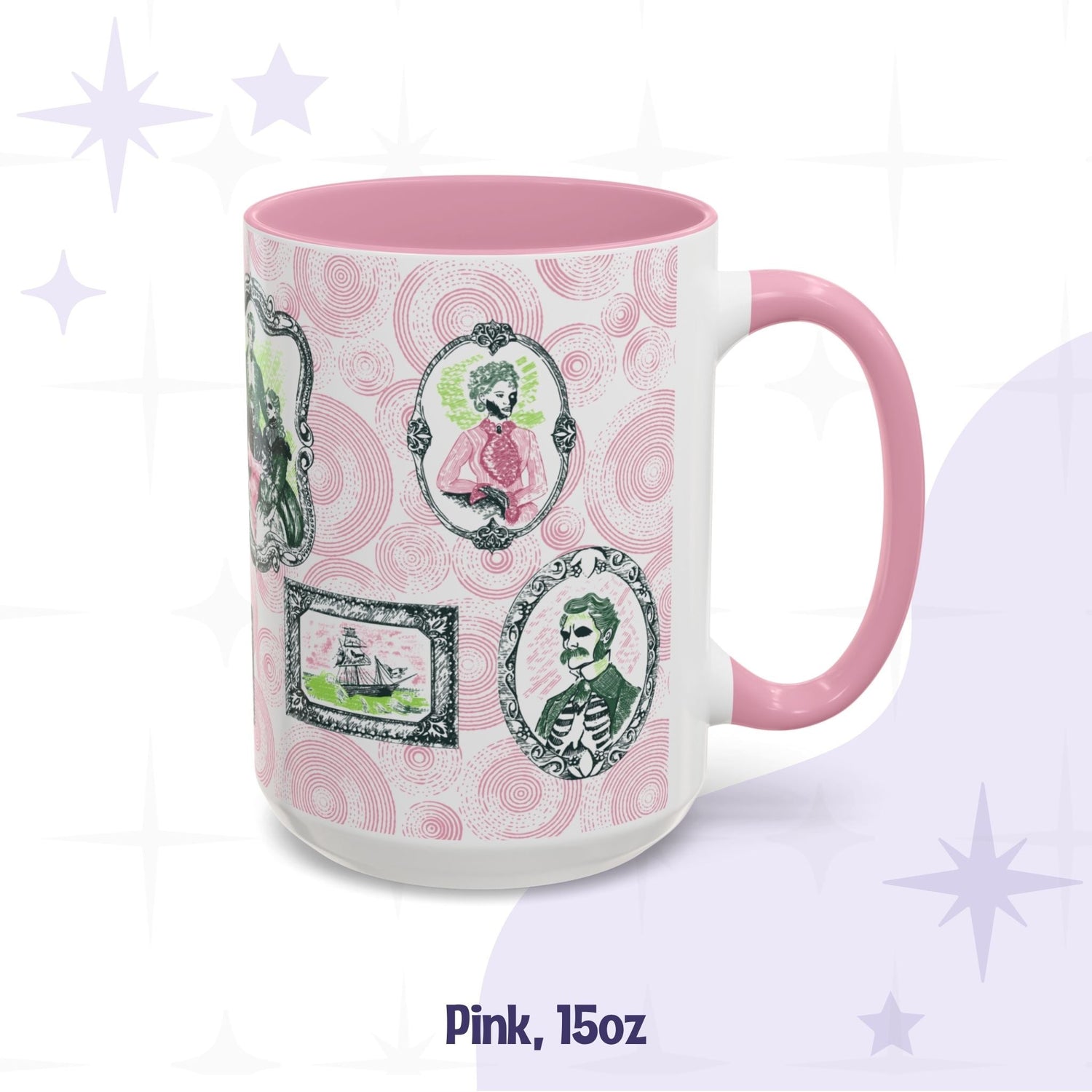 Pink 15oz portrait mug, green-skinned Victorian cameos, a ghost ship, and a ribcage gentleman in pink and green