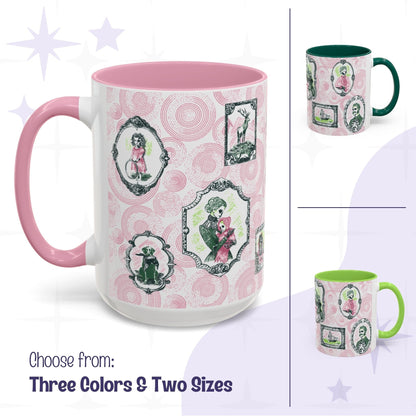 Preppy portrait mug in pink and green shown in three handle colors and two sizes, white ceramic wrapped with skull-faced Victorian gallery frames