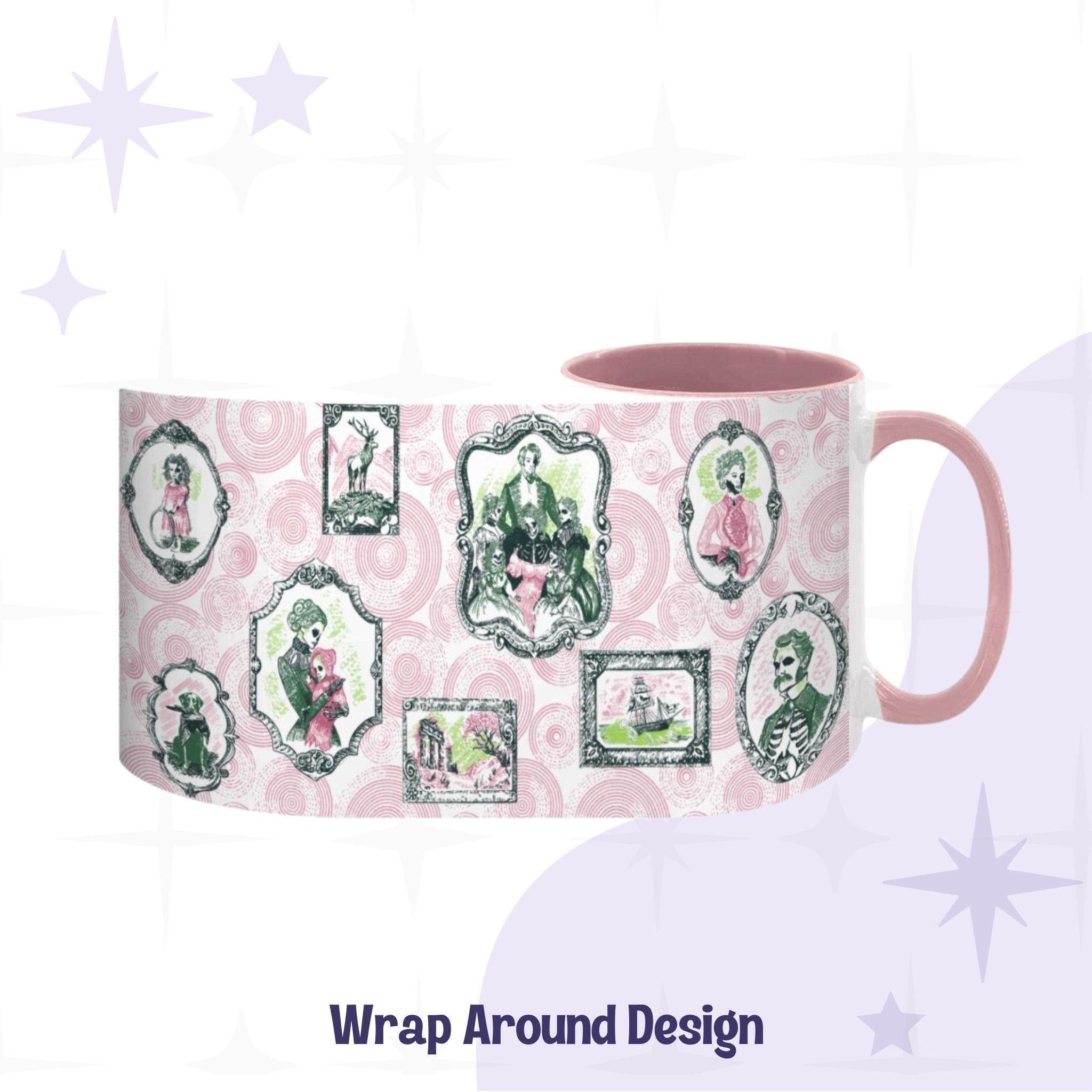 Flattened wrap-around view of the pink and green portrait gallery design, nine frames including a stag on bones, a ghost ship, and classical ruins