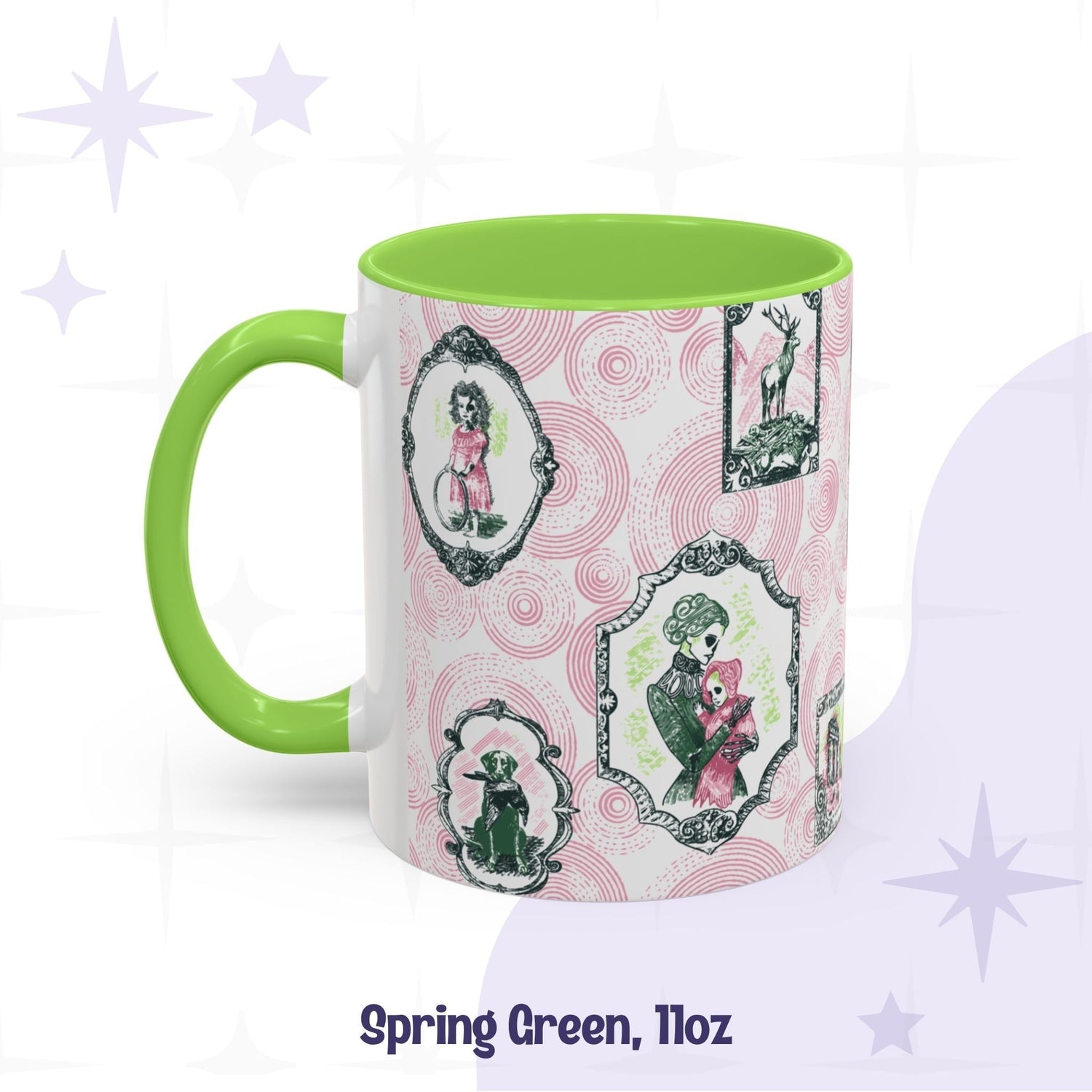 Spring green 11oz preppy portrait mug, pink and green Victorian zombie gallery frames with green-skinned sitters