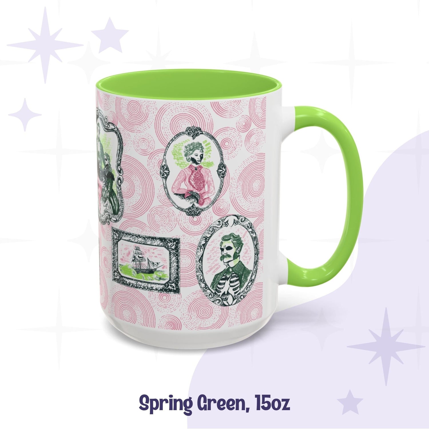 Spring green 15oz portrait mug, pink and green gallery of skull-faced ancestors on a rose spiral pattern