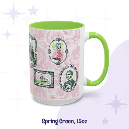 Spring green 15oz portrait mug, pink and green gallery of skull-faced ancestors on a rose spiral pattern