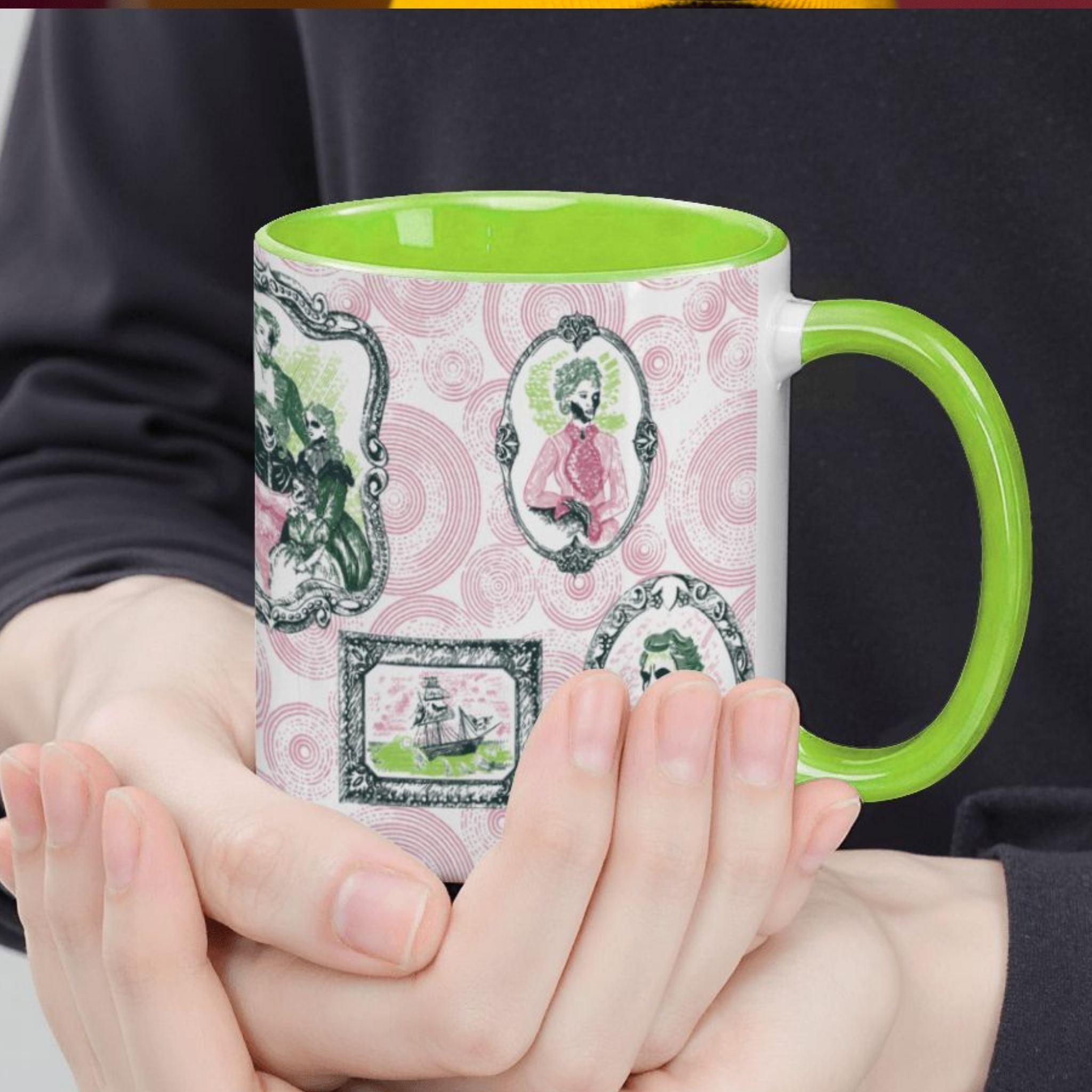 Hands cradling a spring green portrait mug, close view of pink and green frames holding a Gibson-girl cameo and a ghost ship