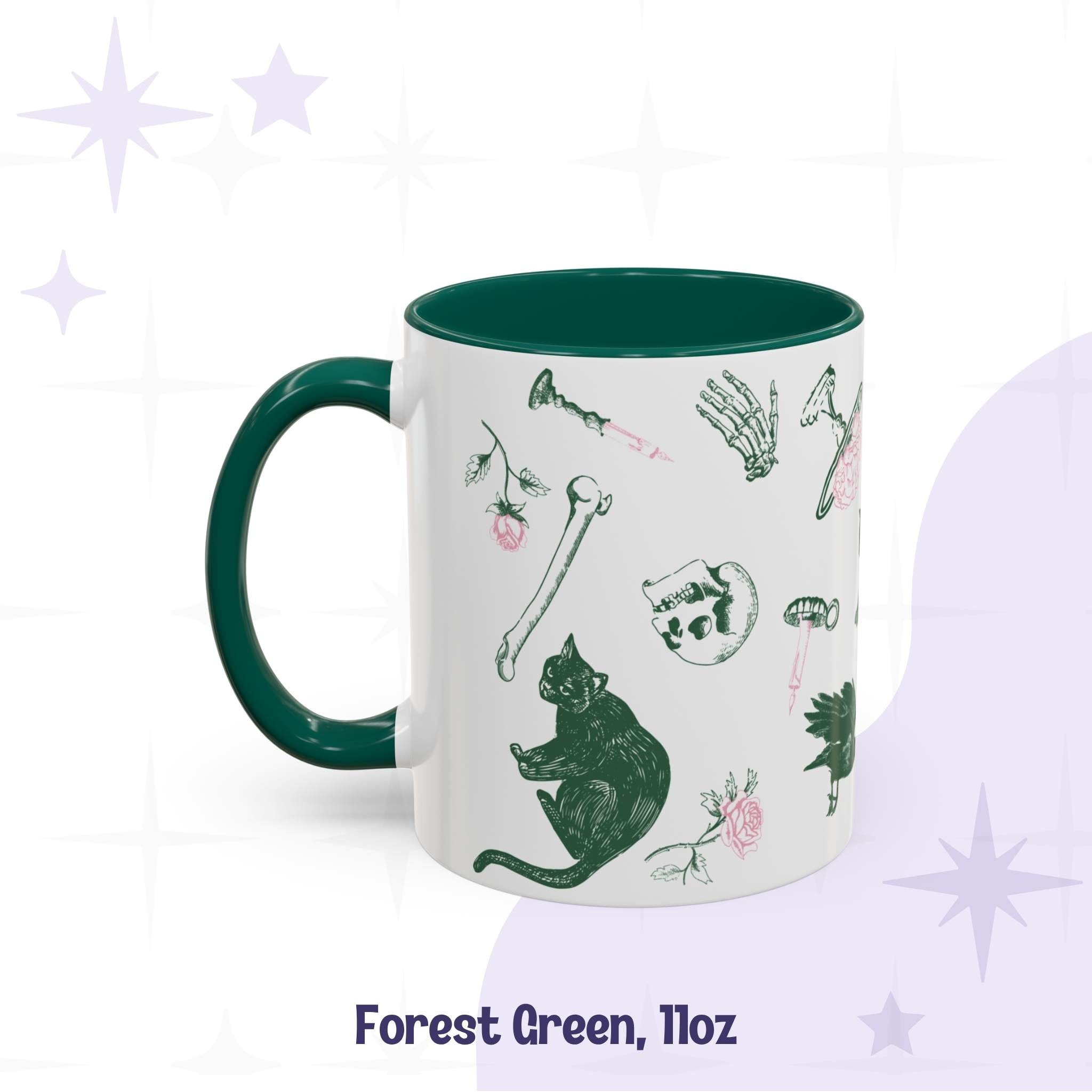 Forest green 11oz preppy skull and bones mug, pink and green gothic scatter of skulls, bones, a raven, and a skeletal hand with a steaming teacup