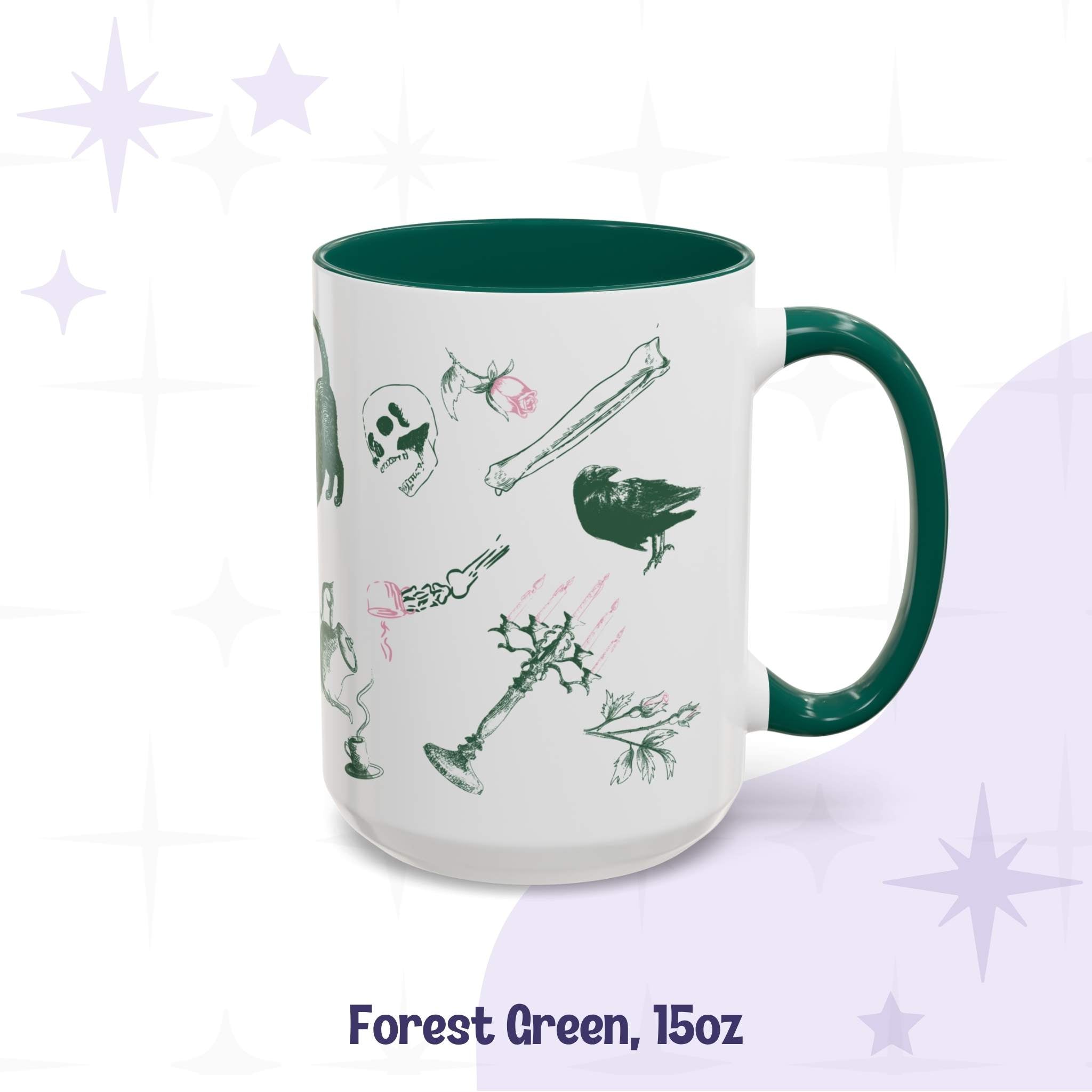Forest green 15oz preppy skull and bones mug, pink and green scatter print of a black cat, a raven, a skull, loose bones, and a candelabra