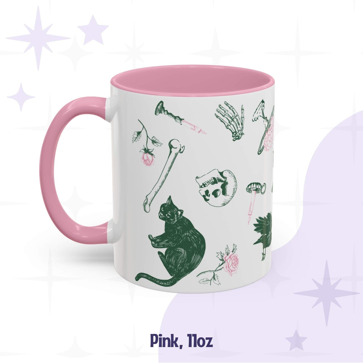 Pink 11oz preppy skull and bones mug, pink and green ditsy print with a black cat, loose bones, a skull, and a brain on a cake stand