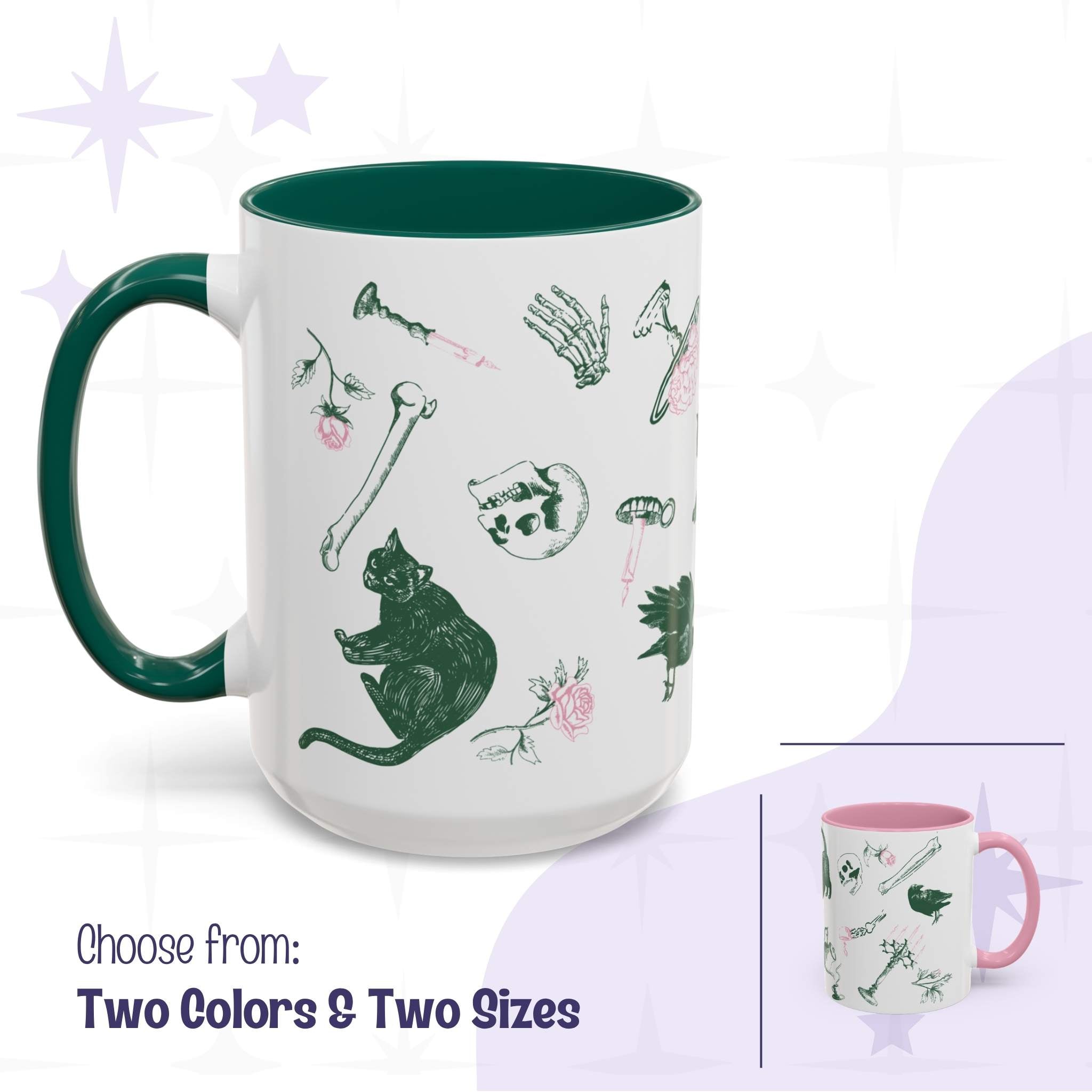 Preppy skull and bones mug shown in forest green and pink accent options with two sizes, white ceramic scattered with green and pink gothic motifs of black cats, ravens, skulls, and bones