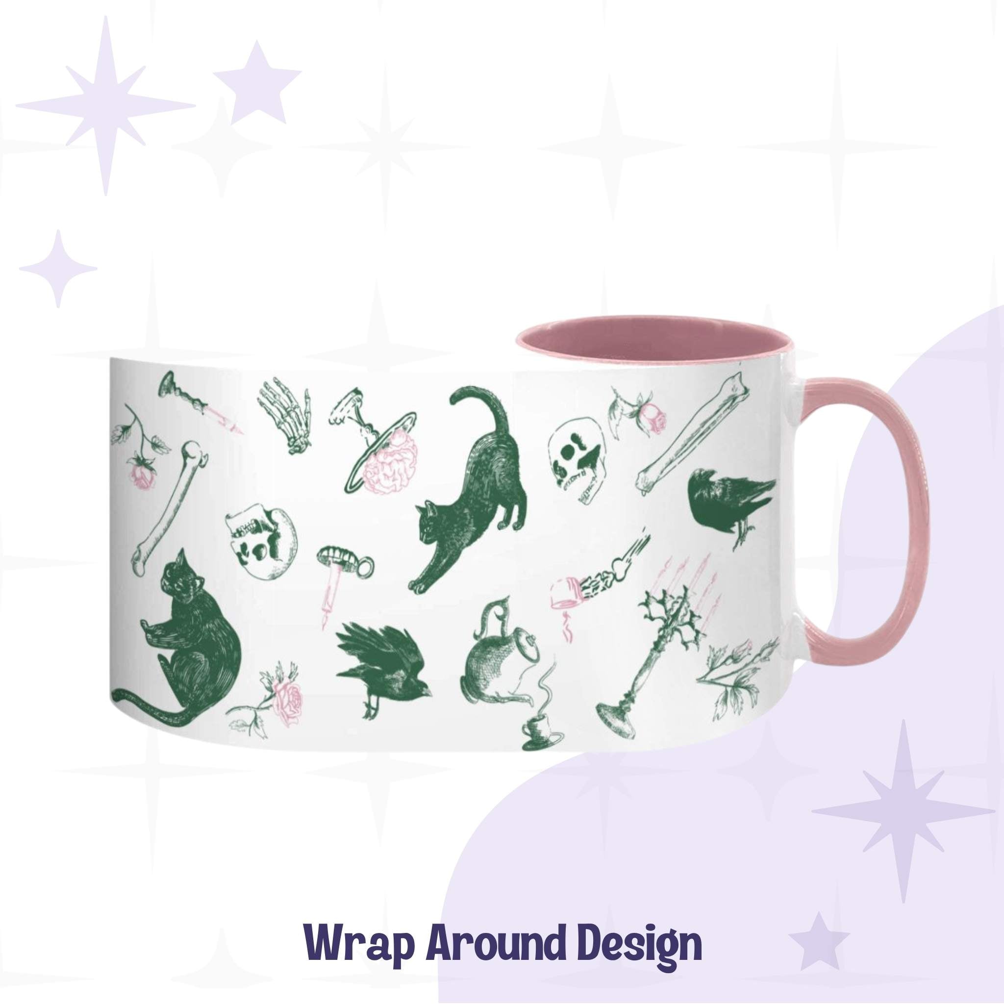 Flattened wrap-around view of the preppy icons design, green and pink scatter of two black cats, ravens, a skull, loose bones, a teapot, and a candelabra