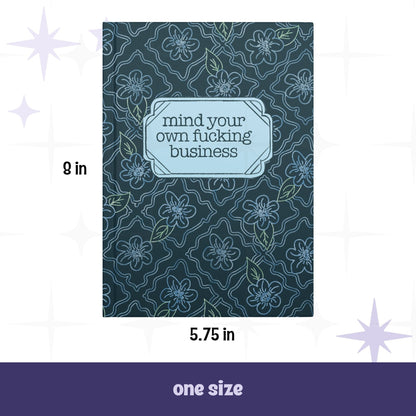 Profanity floral journal front cover with dimensions labeled 5.75 inches wide by 8 inches tall, one size