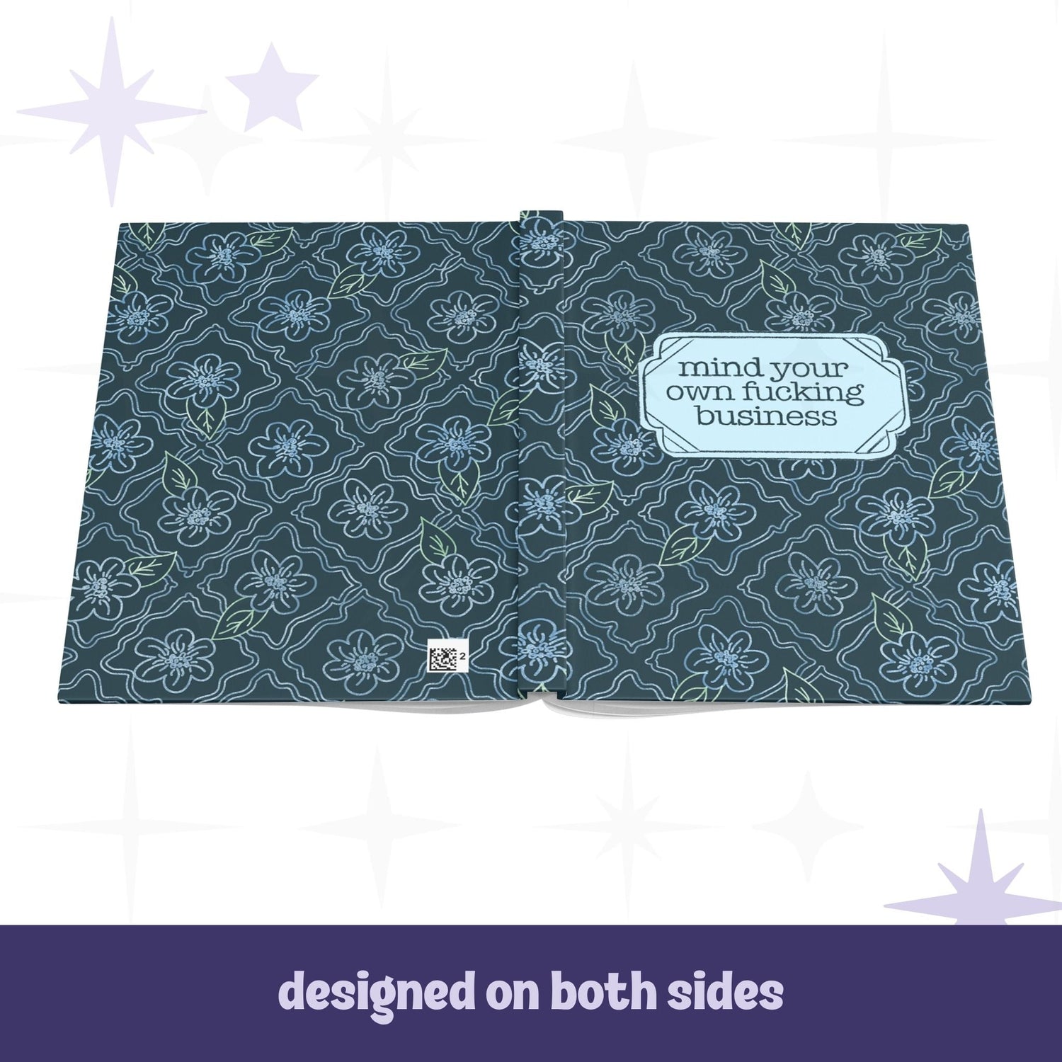 Profanity floral hardcover journal open flat showing full wrap botanical design on front and back covers with teal floral pattern