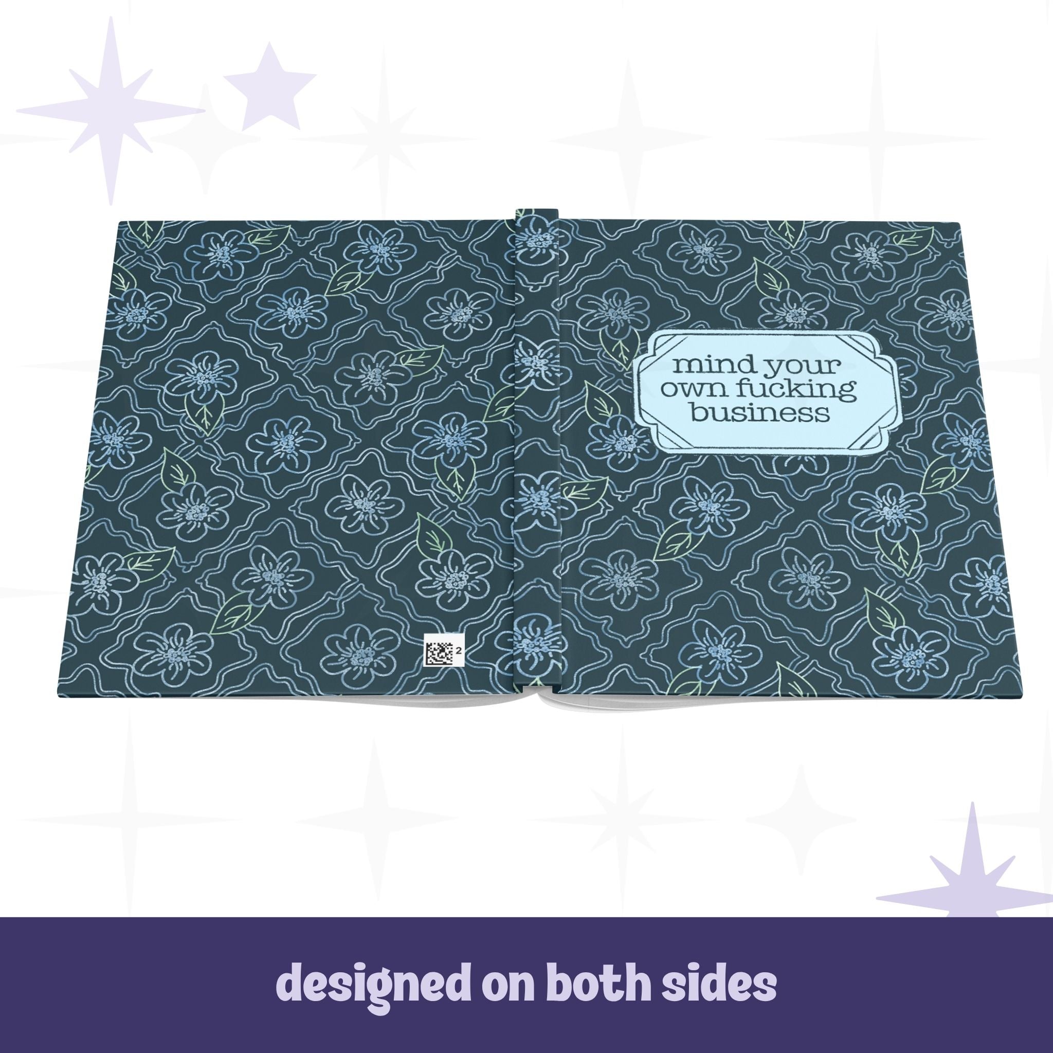 Profanity floral hardcover journal open flat showing full wrap botanical design on front and back covers with teal floral pattern